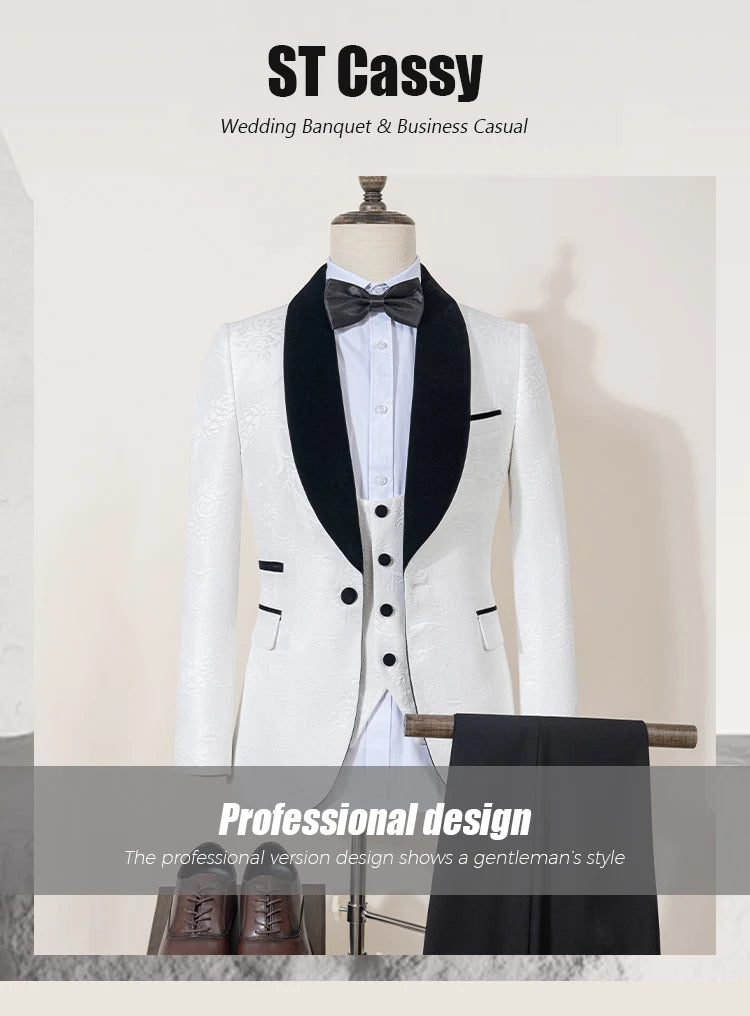 ST Cassy High Quality luxury Retro carving Party Dress Slim Fit Tuxedo Prom Suit Fashion white Male Groom Wedding three-piece