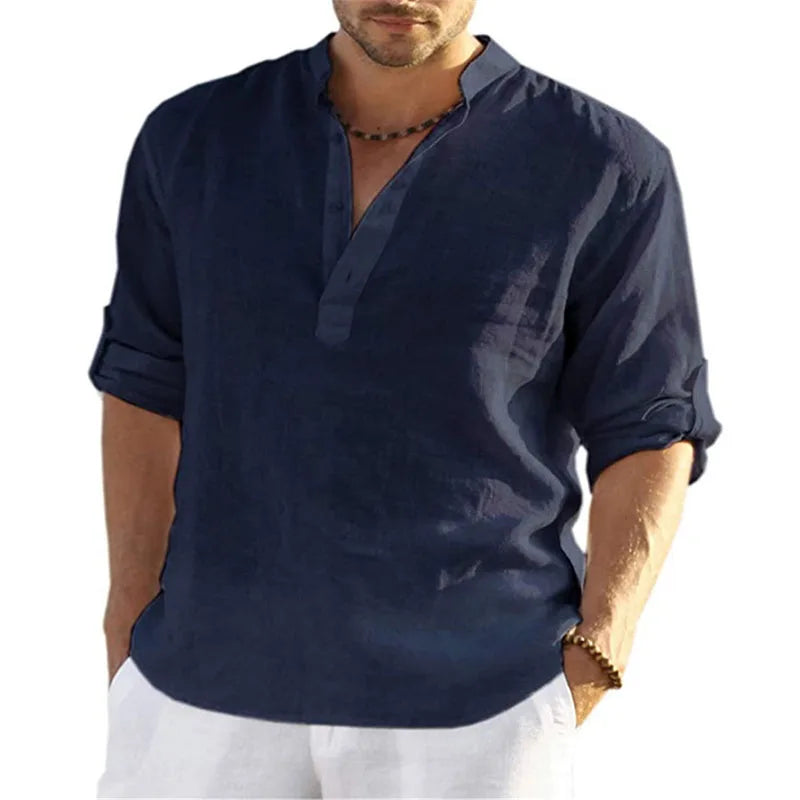 1pcs Summer Men Lightweight Shirt Male Long Sleeve Cotton Linen Shirts Beach Loose Fitting Shir Men's Breathable Collar T Shirt