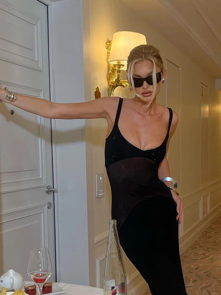 Sexy Spaghetti Strap Diamonds Mesh Patchwork Long Dress Women Sleeveless Beaded Maxi Slim Dress Celebrity Club Party Gowns