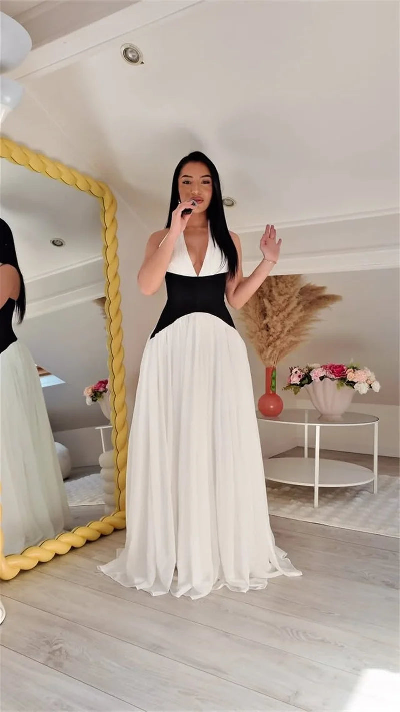 Mozision Halter Deep V Neck Backless Sexy Maxi Dress Women Gown Fashion Patchwork Sleeveless High Waist Club Party Long Dress