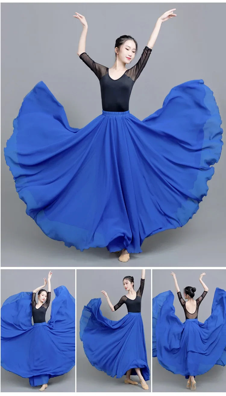 720 Degree Wide Dancing Skirt Chiffon Double Layer Semi-Long Dress Women's Solid Color Xinjiang Dance Skirt