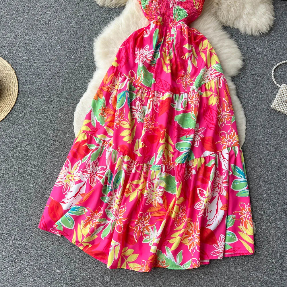 SINGREINY Summer Vacation Spaghetti Strap Long Dress Women Sleeveless Ruched Elastic Backless Dress Floral Print Beach Sundress