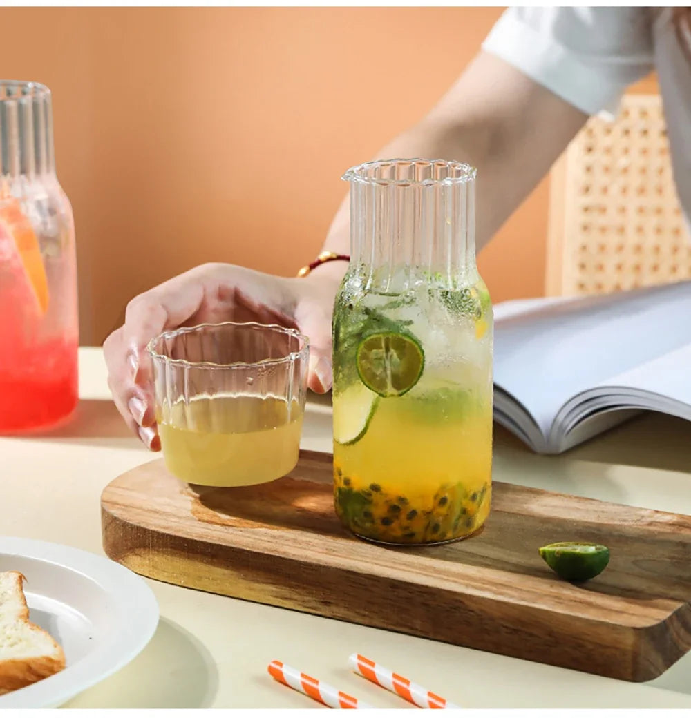 Transparent Water Carafe With Tumbler Cup Glass Water Bottle Sets Teacup Kitchen Pitcher Heat Resistant Milk Coffe Bottle Set