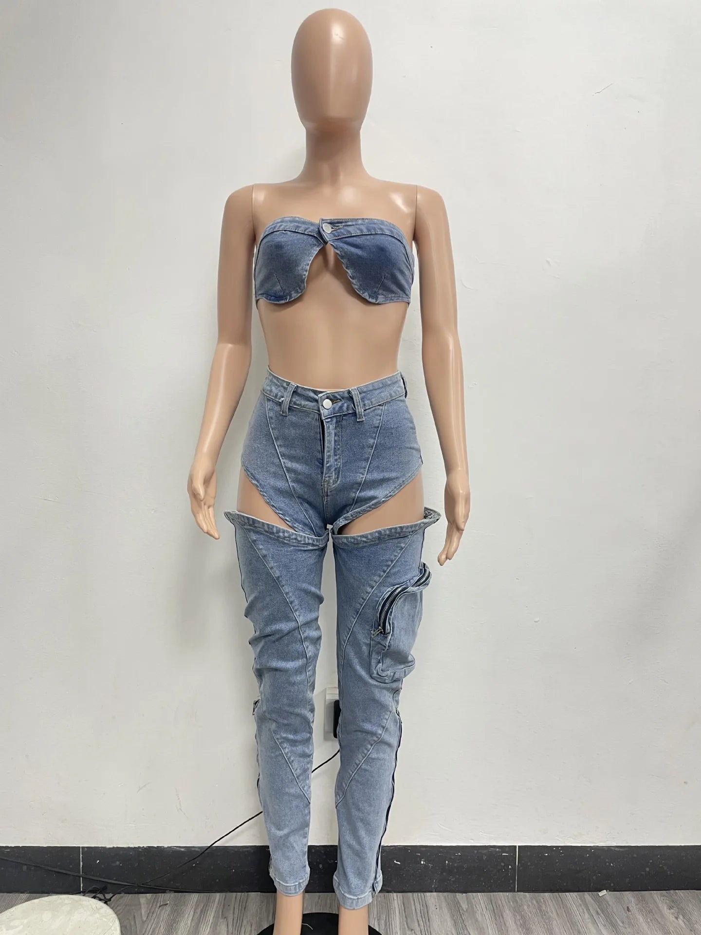 Sexy Denim Bikini Tops Two Piece Sets Matching Outfits 2024 Y2K Streetwear Women Pencil Denim Jean Pant Summer 2 Piece Sets