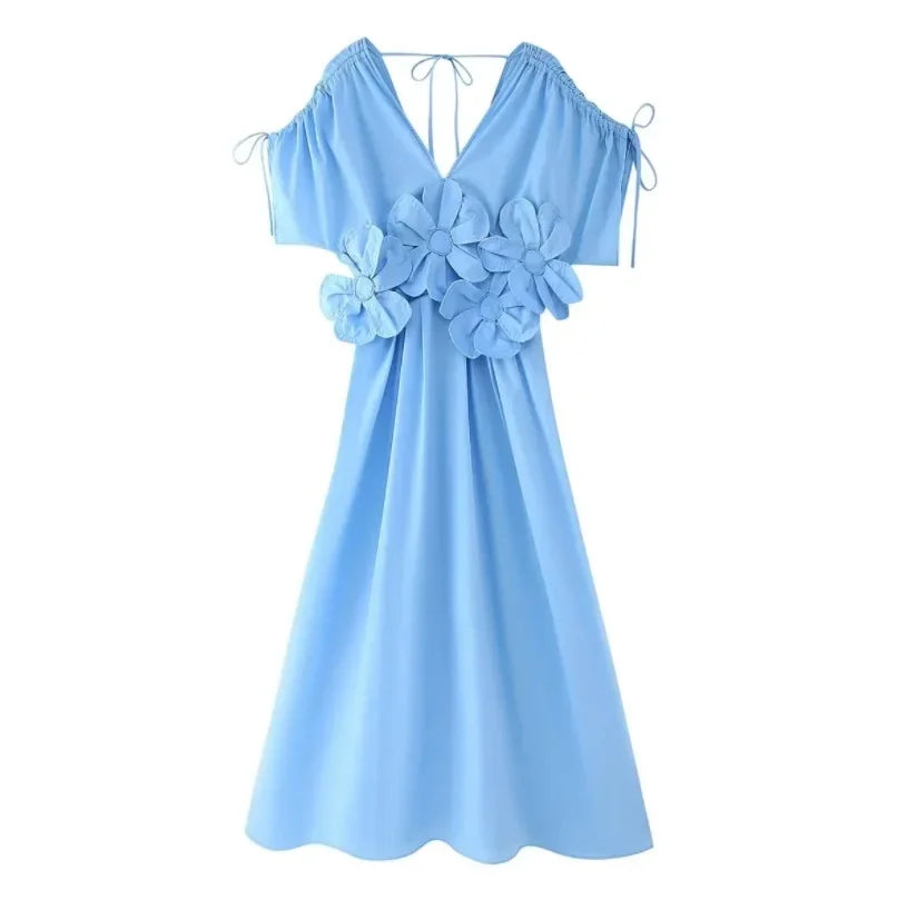 Women Blue V-neck Waist Strap Three-dimensional Flower Bow High Waist Long Dress