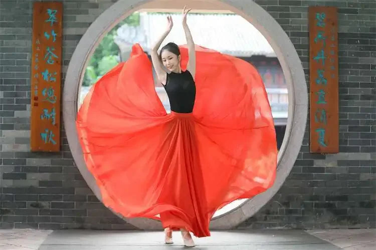 720 Degree Wide Dancing Skirt Chiffon Double Layer Semi-Long Dress Women's Solid Color Xinjiang Dance Skirt
