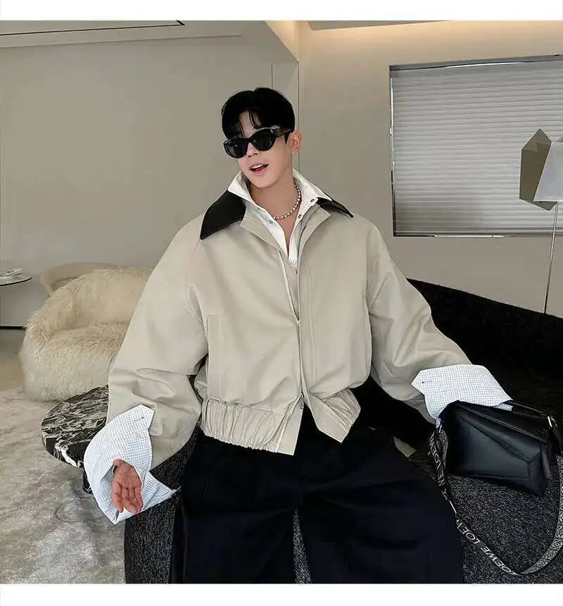 LUZHEN 2025 Spring Design Leather Collar Trendy Jacket Personalized Handsome Trendy Classy Versatile Color Contrast Tops LZ8146