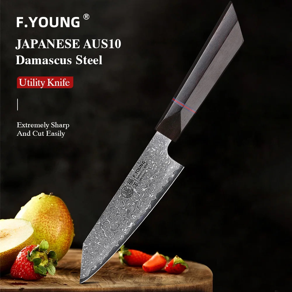 F.YOUNG 5" Japanese Kitchen Utility Knife Damascus Professional Chef Knife Peeling Paring Fruit Vegetable Meat Cooking Tools