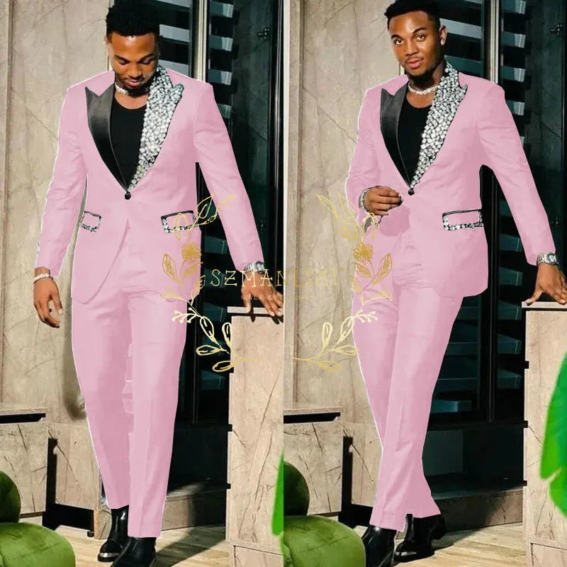 Black Suits for Men Slim Fit Single Breasted Peak Lapel Blazer High Quality Crystal Prom Party 2 Piece Jacket Pants Sets Terno