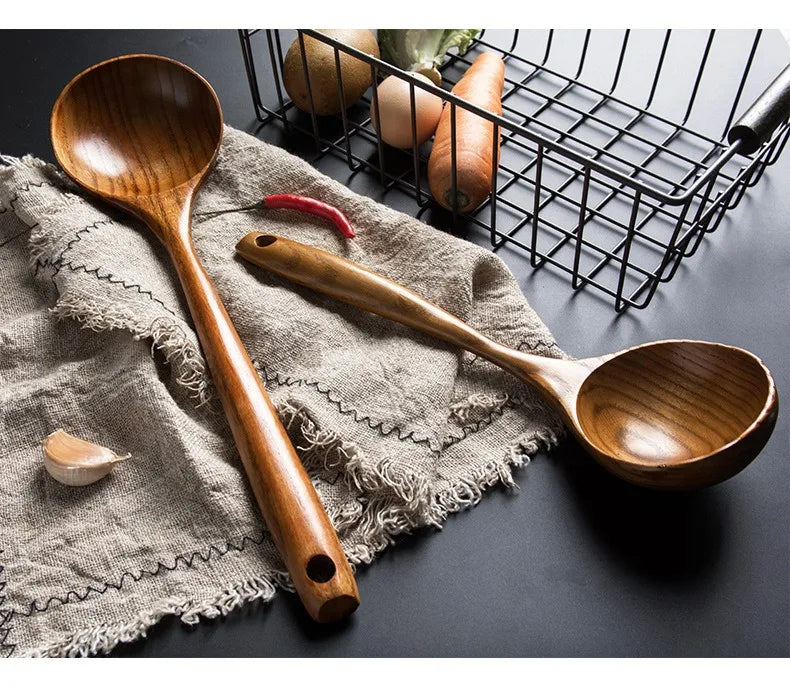 1~9PCS Thailand Teak Natural Wood Tableware Spoon Ladle Turner Long Rice Colander Soup Skimmer Cooking Spoons Scoop Kitchen Tool