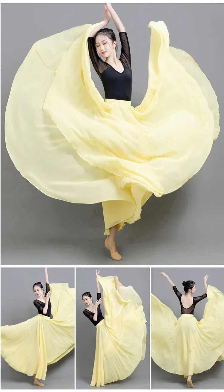 720 Degree Wide Dancing Skirt Chiffon Double Layer Semi-Long Dress Women's Solid Color Xinjiang Dance Skirt