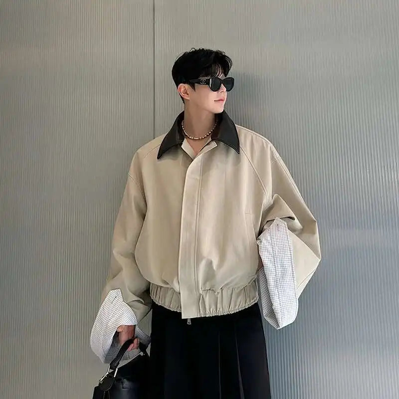 LUZHEN 2025 Spring Design Leather Collar Trendy Jacket Personalized Handsome Trendy Classy Versatile Color Contrast Tops LZ8146