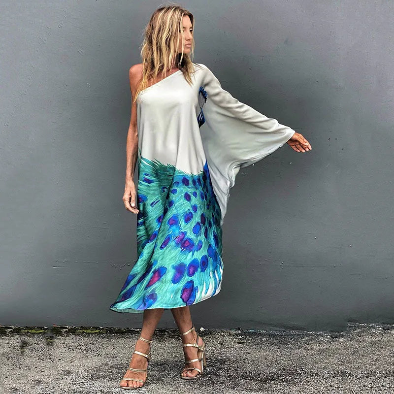 Color Butterfly Print One Shoulder Sleeve Dresses Women Sexy Off Shoulder Loose Beach Vacation Irregular Long Dress Streetwear