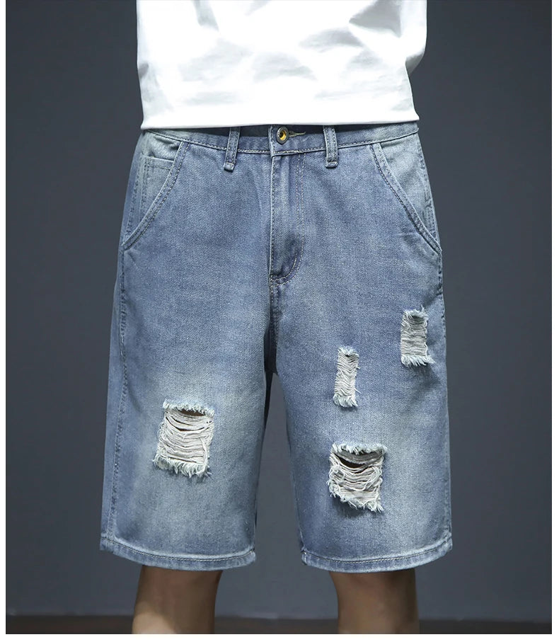 Summer Men's Blue Denim Shorts Y2k Cotton Loose Straight Ripped Fashion Shorts Men Korean Trendy Casual Streetwear Short Jeans