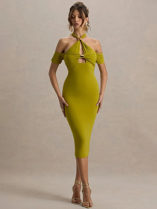 Mozision Hollow Out Halter Backless Sexy Midi Dress Women Fashion Off-shoulder Sleeveless Skinny Club Party Long Dress Elegant