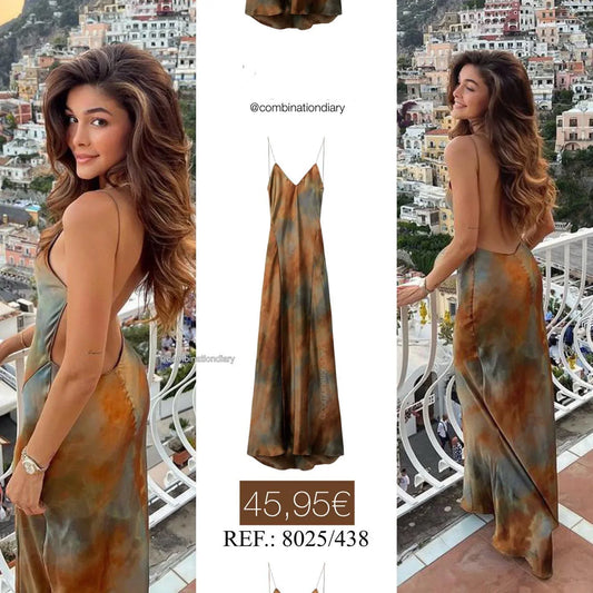 2023 New Women's Elegant Sexy Long Dress V-neck Open-back Rainbow Printing Tank Dress Sleeveless Summer Fashion