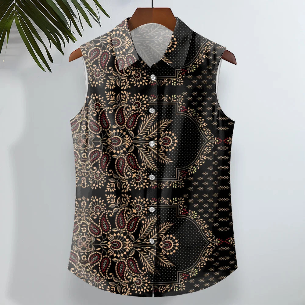 Ethnic Style Men's Shirts Cashew Flower Print Sleeveless Lapel Tops Hawaiian Shirt For Men Casual Vintage Oversized Men Clothing