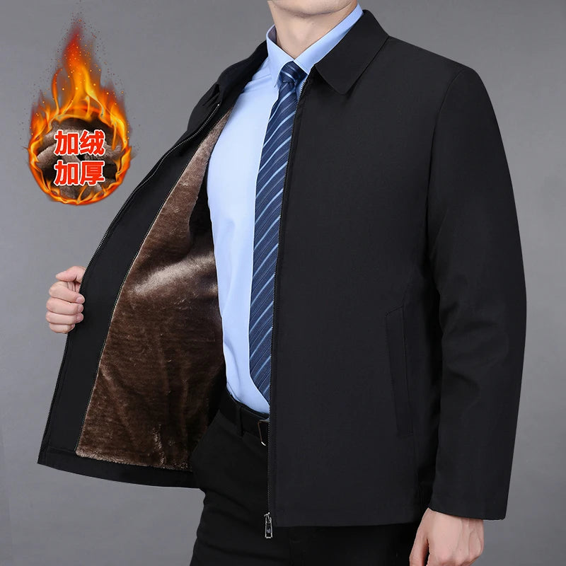 Men Business Jacket Parkas Mid-aged Men's Lapel Jacket with Zipper Pockets for Formal Business or Casual Wear in Autumn Winter