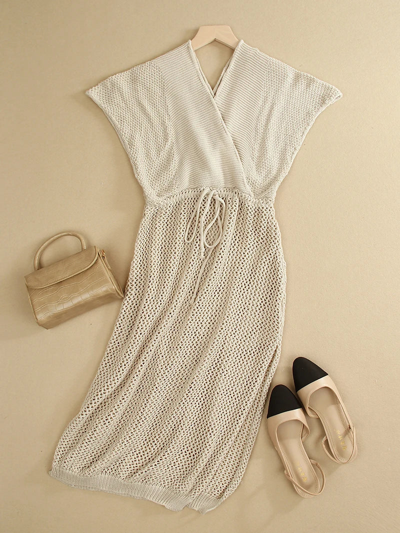 2024 White Crochet Tunic Bikini Cover-ups Sexy Hollow Out Long Dress V neck Women Summer Clothes Beach Wear Knitted Cover Up