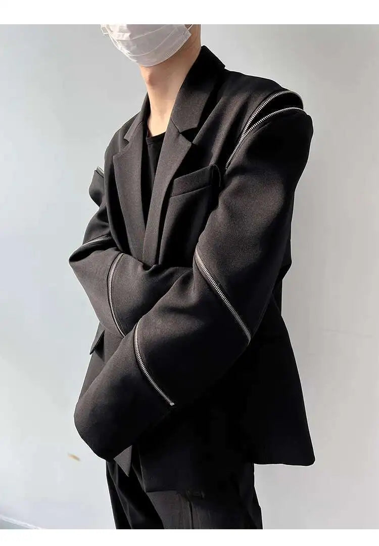 IEFB Zipper Men Suit Personalized Design Coat Casual 2023 Solid Color Long Sleeve Zipper Decoration Male Jacket Darkwear 9A5018