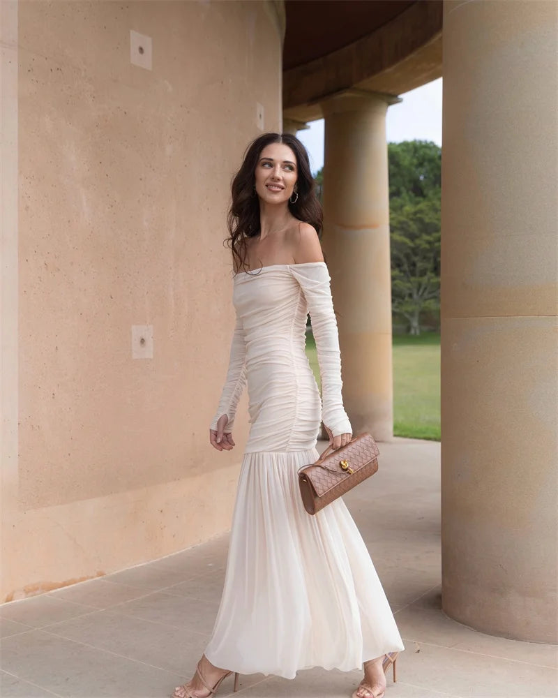 Mozision Off-shoulder Strapless Sexy Maxi Dress Women Summer New Patchwork Backless Long Sleeve Pleated Long Dress Elegant