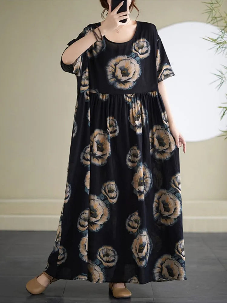 Oversized Summer Bohemian Style Long Dress Women Ruffle Pleated Fashion Flower Print Ladies Dresses Loose Casual Woman Dress