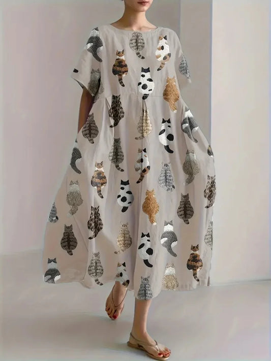 Cute Cat 3D Printed Round Neck Elegant Knee-length Dress Outdoor Holiday Casual Women's Long Dress Elegant Women's Long Dress