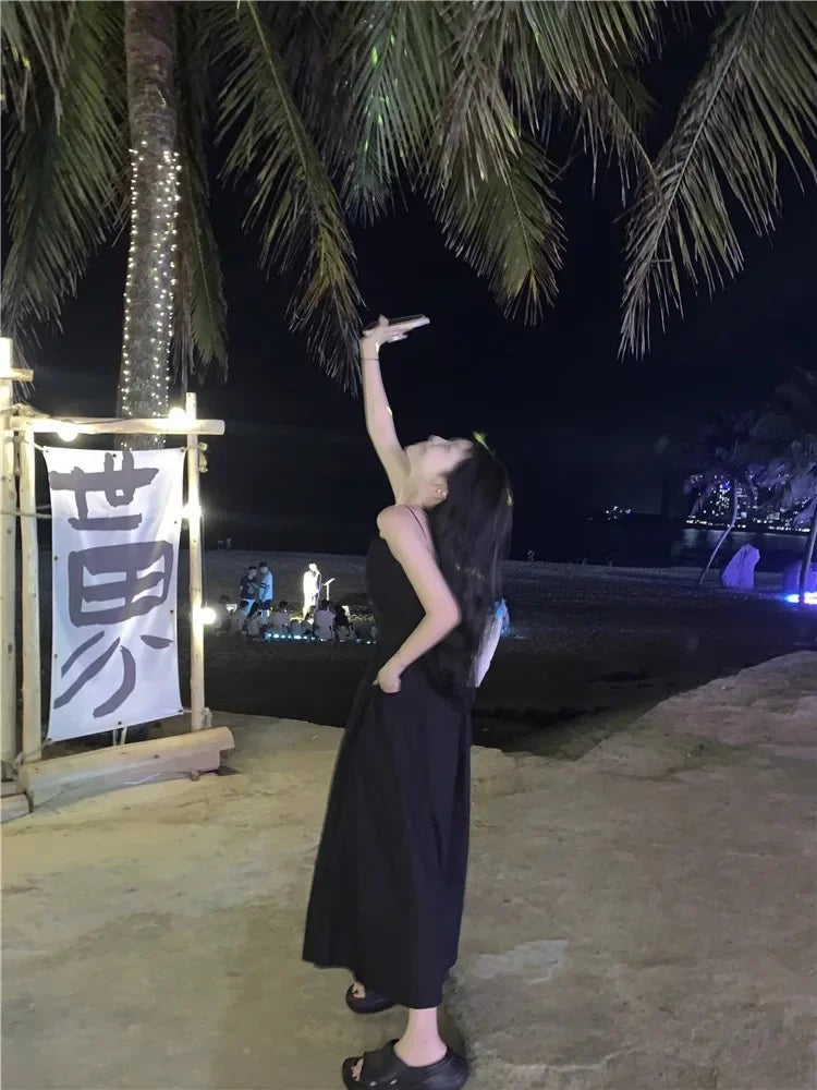 French Style Sexy Open-Back Blue Tank Dress Women's Summer Vacation Beach A- Line Long Dress Beach Vacation Dress