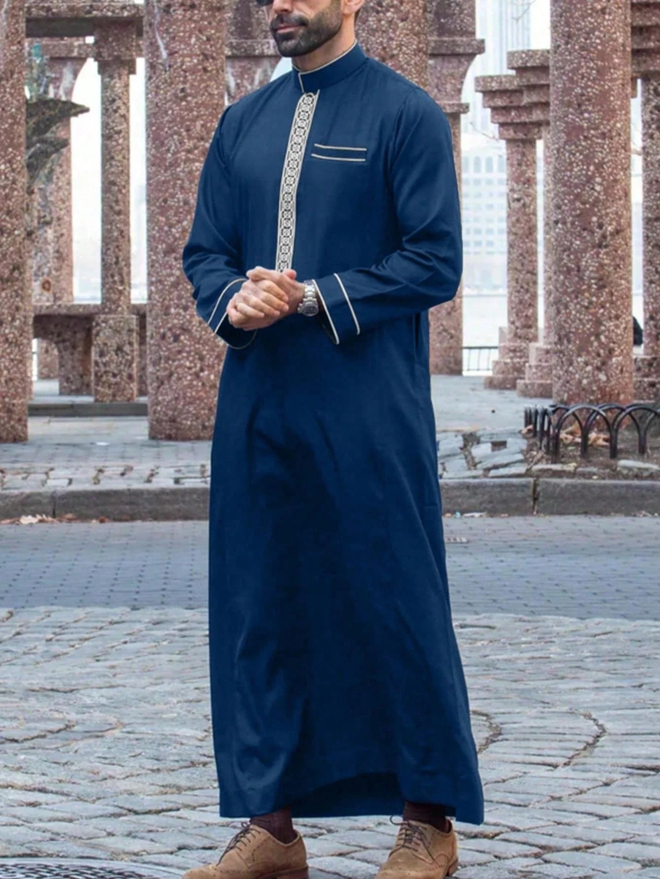 Long sleeve embroidered stand collar thobe, Muslim Arab men's robe