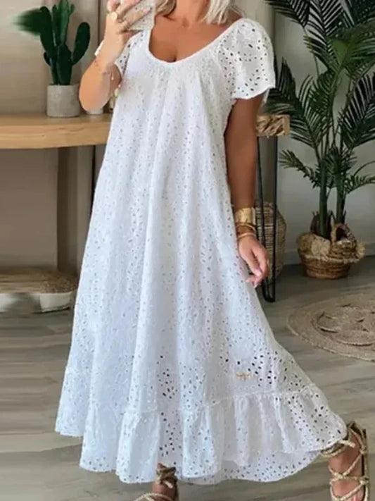 Women's Casual White Swing Party Dresses YK2 Ladies Elegant O-neck Hollow Long Dress Vestidos Summer Loose Short Sleeve Dress