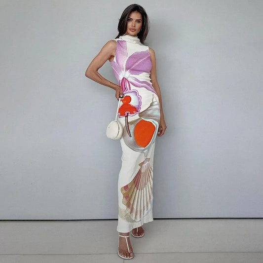 2024 Spring Summer Women long Dress Turtleneck Print Slit Round Neck Sleeveless Slim Fit Maxi Dress Robes Female Party Vestidos