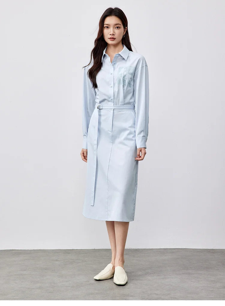SENTUBILA Lyocell Shirt Dresses Womens 2025 Spring Cotton Embroidery A-line Turn Down Collar Solid Wrap Long Dress 151L58233
