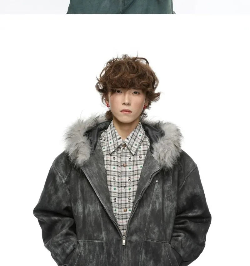 Y2K American New Fashion Solid Color Plus Velvet Padded Cotton-padded Jacket Coat Men Harajuku Hip-hop Popular Casual Couples