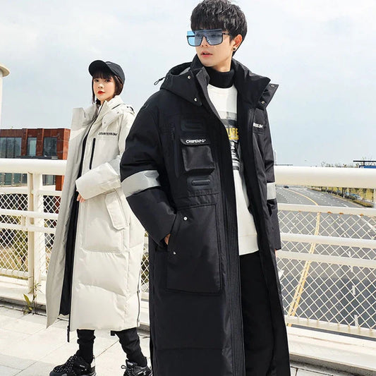 Gmiixder 2023 New Over Knee Down Coat Men's Mid Length Couple Thickened Multi Pocket Parkas Youth Work Wear Winter Long Jacket