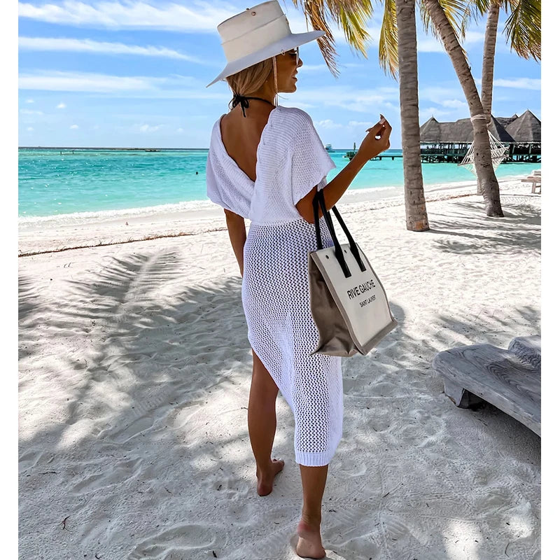 2024 White Crochet Tunic Bikini Cover-ups Sexy Hollow Out Long Dress V neck Women Summer Clothes Beach Wear Knitted Cover Up
