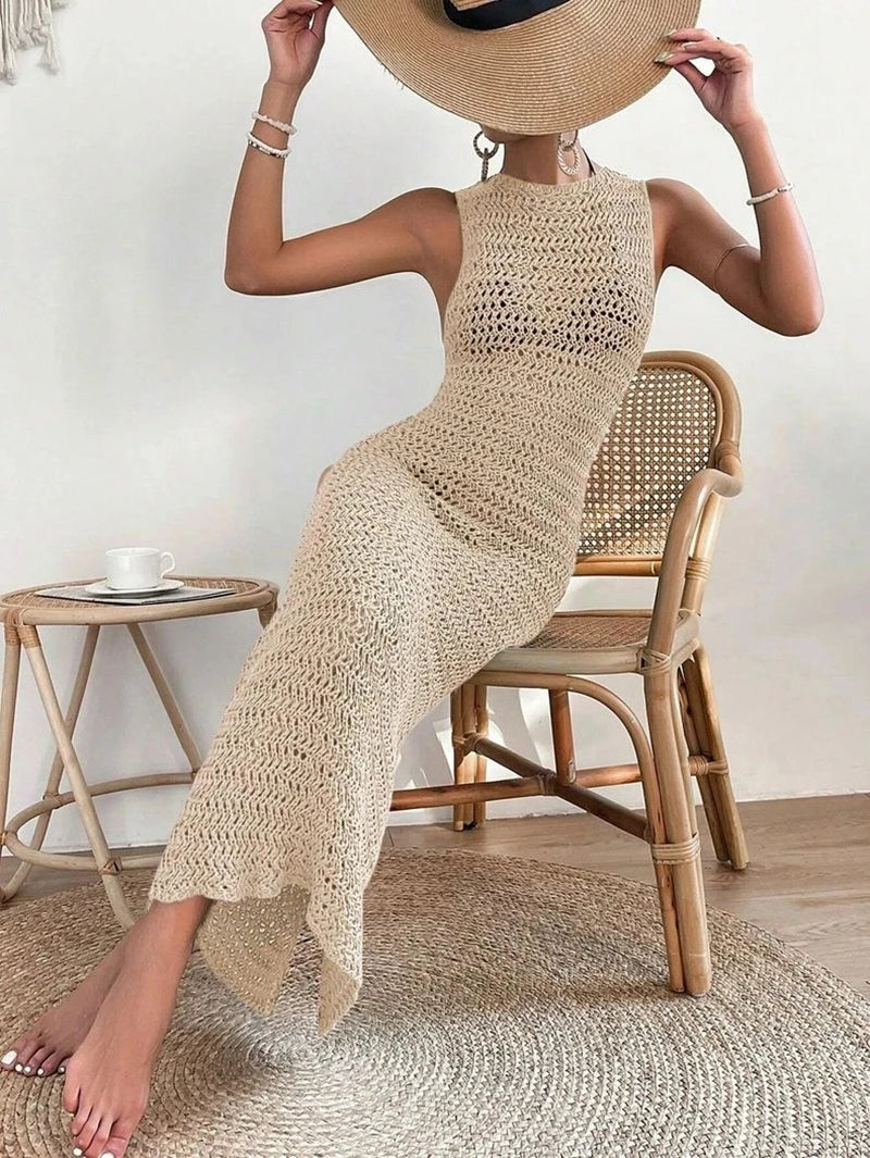 Women's Beach Style O-Neck Knit Hollow out Long Dress 2025 Summer Female Casual Sleeveless Dress Beach Bikini Cover-up Blouse