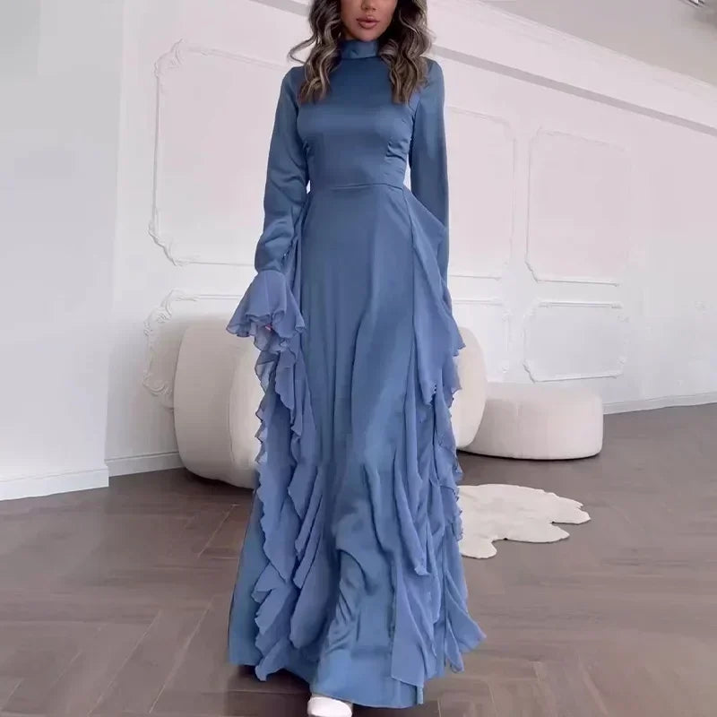 Women High Collar Flare Sleeve Ruffles Long Dress Sexy White Long Sleeves Lace-up Slim Dresses Elegant Evening Party Runway Club