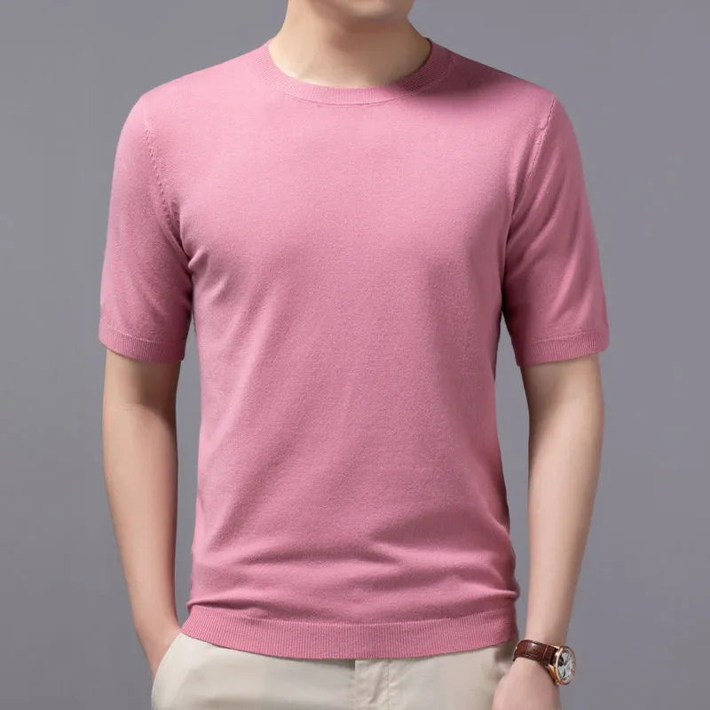 Superfine Merino Cashmere Knitted O-neck T-shirt for Men's Clothing Short Sleeve Tee Solid Color Trend Leisure Tee Tops ﻿