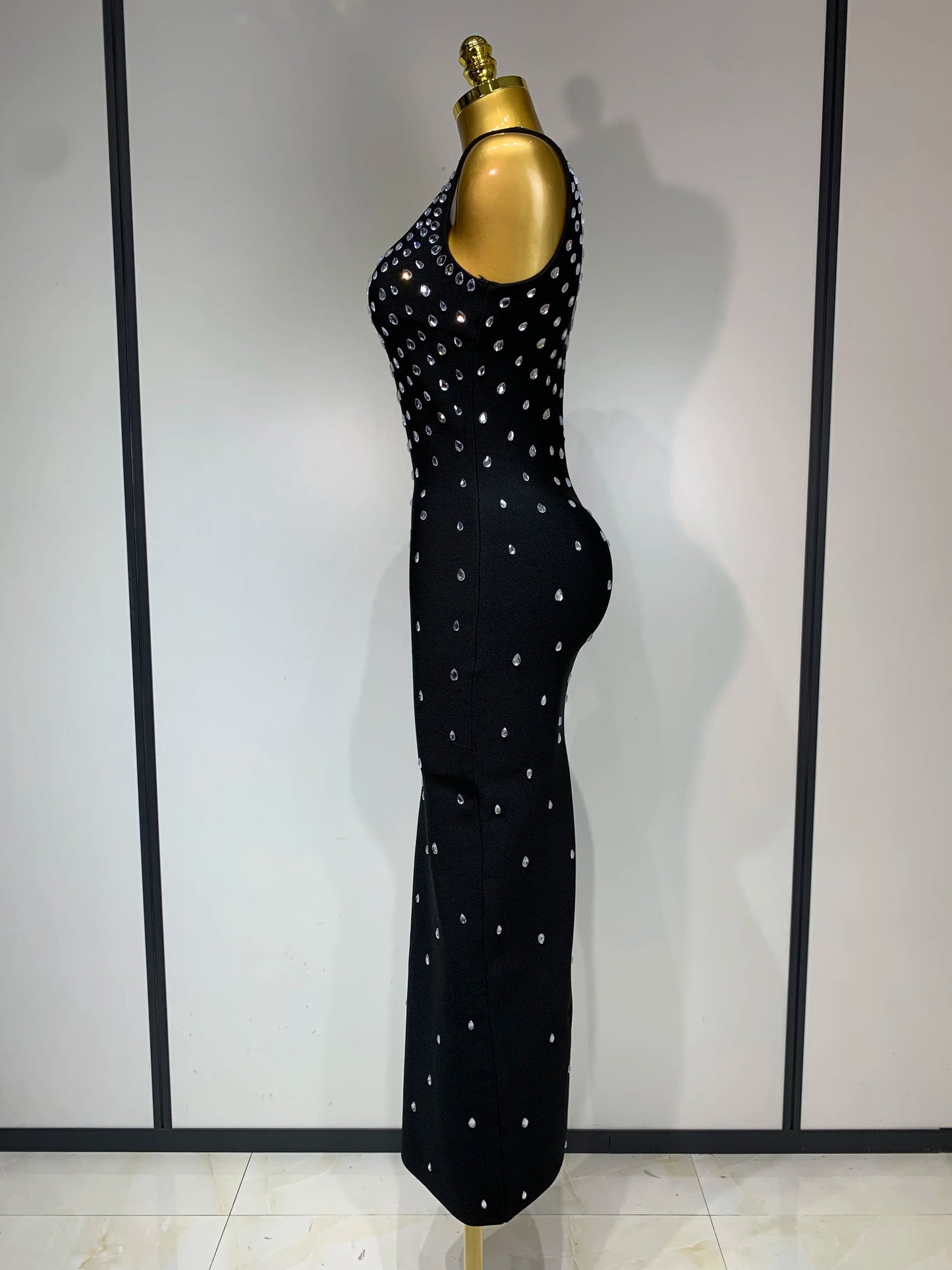 Women Sparkly Rhinestone Bandage Long Dress Elastic Sleeveless Bodycon High Street Evening Club Party Elegant Birthday Gowns