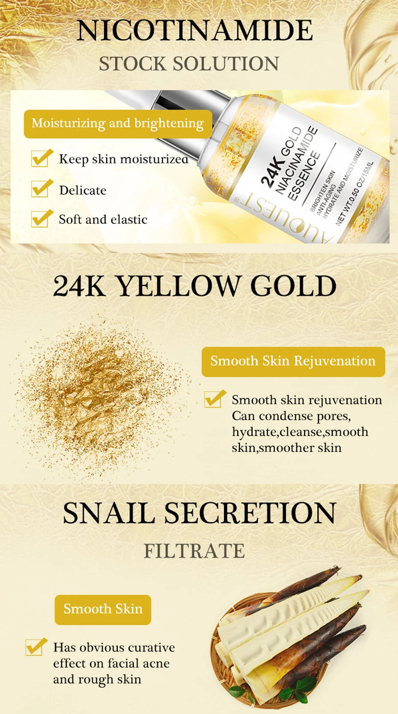 24k Gold Wrinkle Face Serum Pore Care Hyaluronic Acid Moisturizing Plumping Essence Aging Facial Serum Skin Care AuQuest
