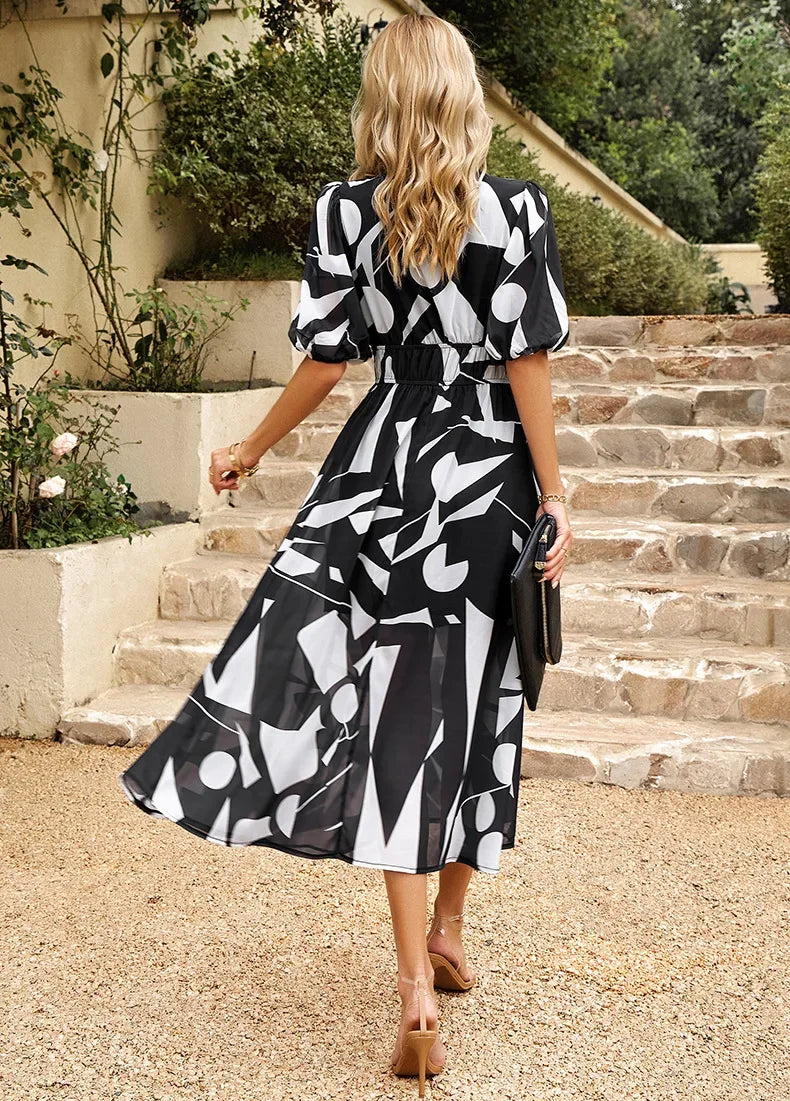 2024 Elegant High Quality Design summer long Dress Waist Cinching V-neck Print Elastic Waist Maxi  Dresses for Women Clothing