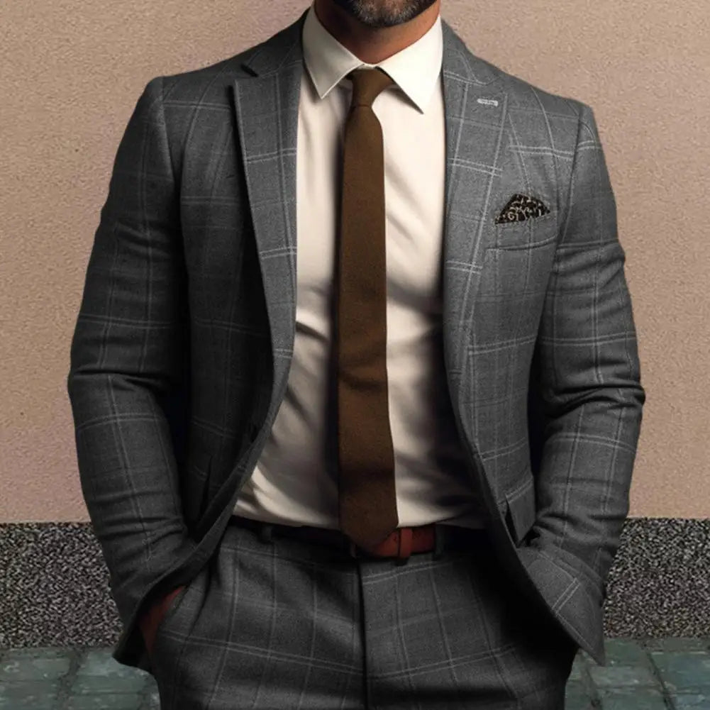 Vintage Men Suit Formal Slim Fit Plaid Print Business Jacket Long Sleeve Single Button Men Office Attire Coat