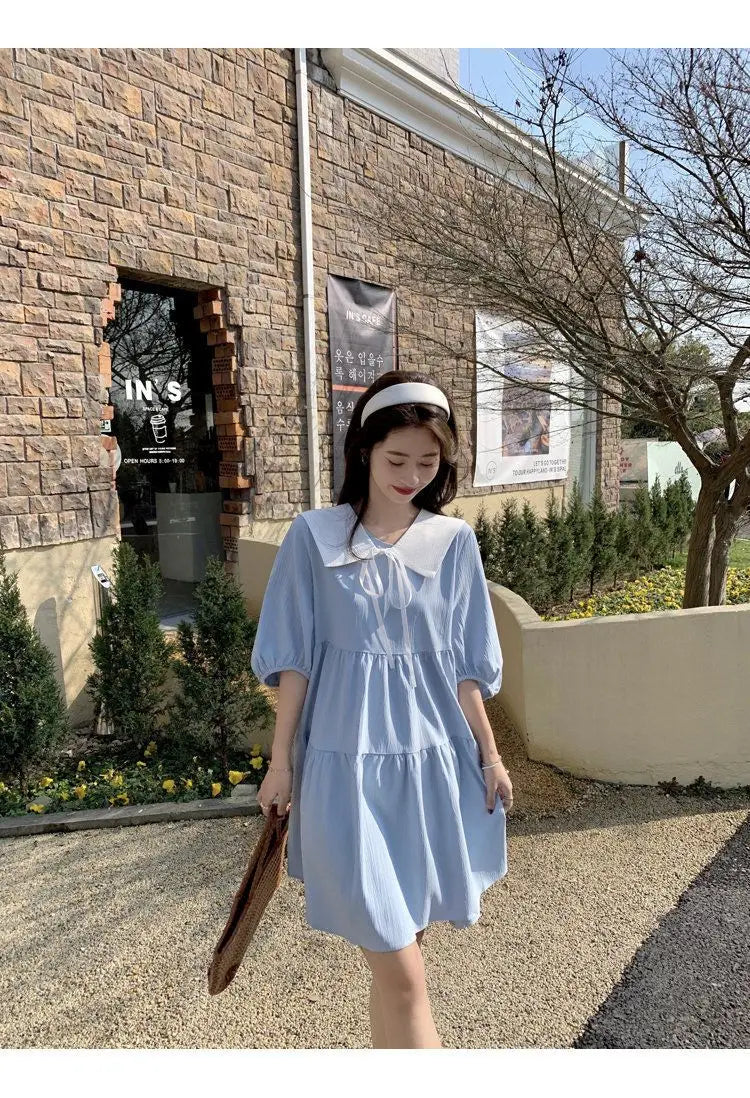 Vintage Pleated Lacing Loose Mini Dress Summer New Half Sleeve Solid Color Sweet Casual Dresses Fashion Korean Women Clothing