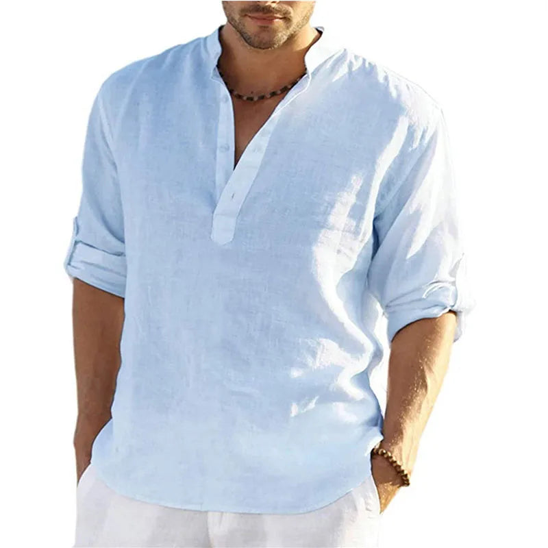 1pcs Summer Men Lightweight Shirt Male Long Sleeve Cotton Linen Shirts Beach Loose Fitting Shir Men's Breathable Collar T Shirt