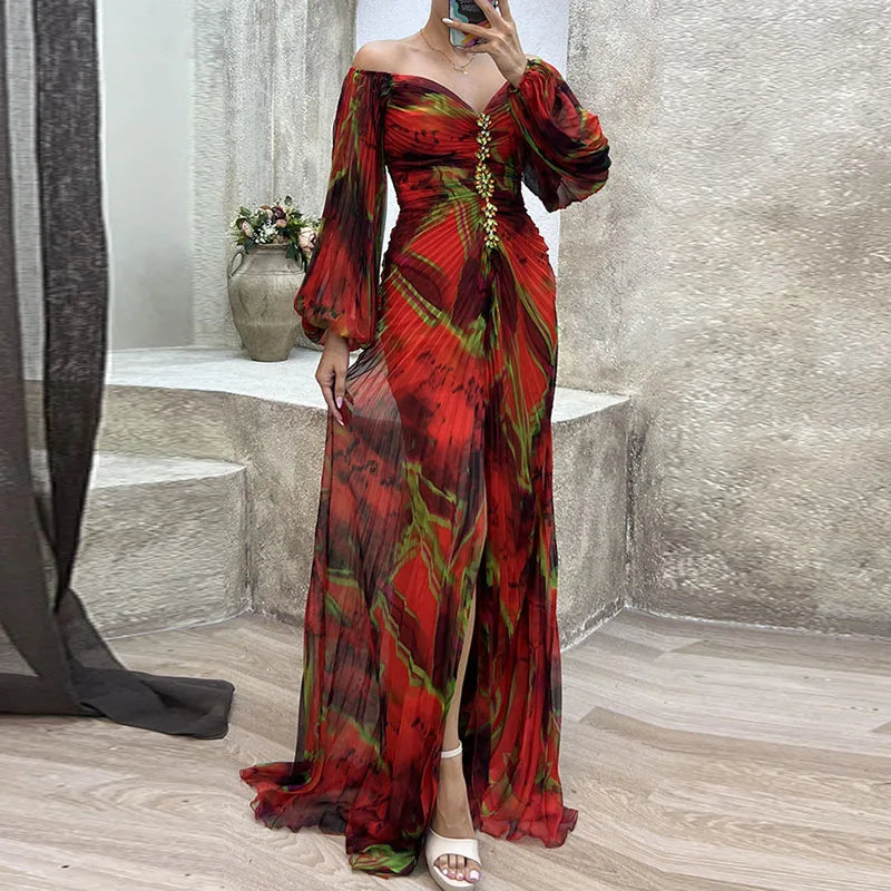 Casual Lantern Long Sleeve Big Hem Long Dress Vintage Tie-dye Print Pleated Party Dress Women Sexy Deep V-neck Waist Split Dress