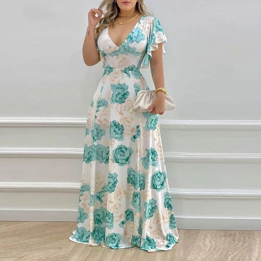 Women Summer Long Dress Floor Length 2024 New Floral Print V-neck Sexy Waist Big Swing Woman Casual Dresses Vestidos GHH9040