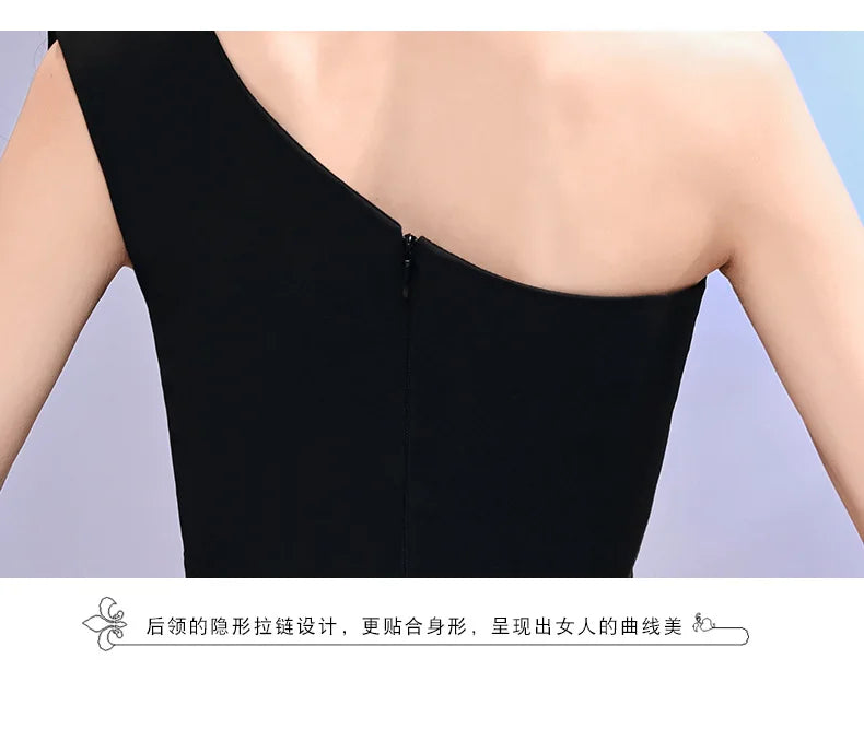 Host evening dress, light luxury, niche one shoulder black long dress, fishtail, one shoulder dress, female