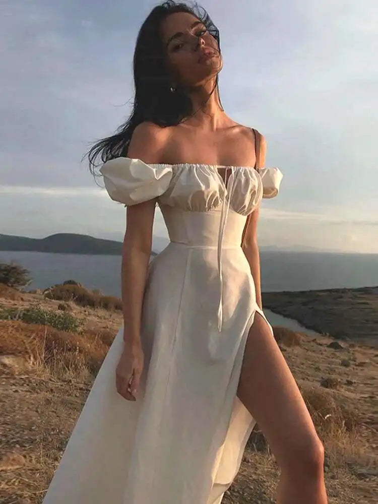 Avrilyaan White Lace Up Pleated Sexy Dress Women 2023 Split Backless Long Summer Dress Vestidos Elegant Holiday Casual Dresses