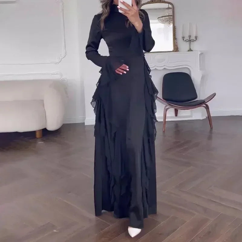 Women High Collar Flare Sleeve Ruffles Long Dress Sexy White Long Sleeves Lace-up Slim Dresses Elegant Evening Party Runway Club