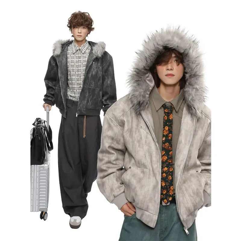 Y2K American New Fashion Solid Color Plus Velvet Padded Cotton-padded Jacket Coat Men Harajuku Hip-hop Popular Casual Couples